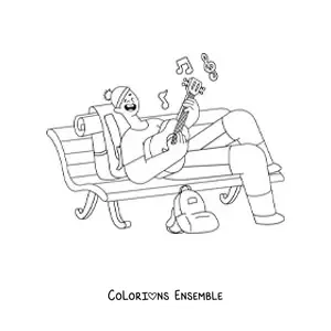 Image à colorier d'un chanteur allongé sur un banc qui joue de la guitare