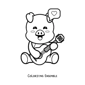 Image à colorier d'un cochon kawaii de dessin animé qui joue de la guitare acoustique