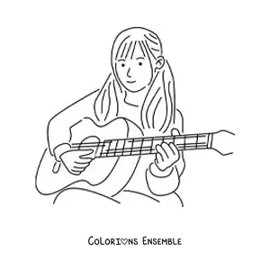 Image à colorier d'une fille assise qui joue de la guitare classique