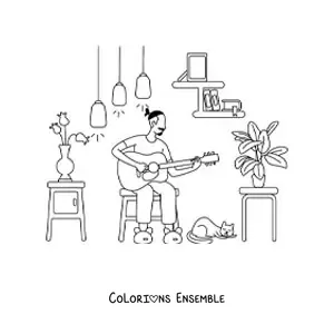Image à colorier d'un garçon qui joue de la guitare à la maison