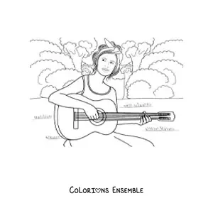 Image à colorier d'une fille qui joue de la guitare dans un parc