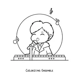 Image à colorier d'un garçon kawaii qui joue du piano