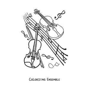 Image à colorier de deux violons entourés de notes de musique