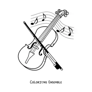 Image à colorier d'un violon et de son archet entourés de notes de musique