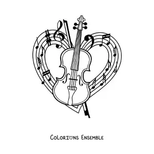 Image à colorier d'un violon et de son archet avec une portée en forme de cœur