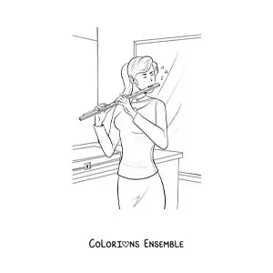 Image à colorier d'une fille qui joue de la flûte traversière