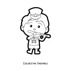Image à colorier d'un garçon flûtiste portant l'uniforme d'une fanfare