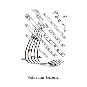 Image à colorier de plusieurs flûtes posées sur une portée avec des notes de musique