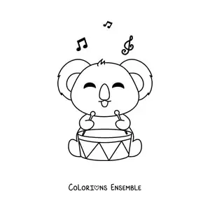 Image à colorier d'un koala kawaii qui joue du tambour