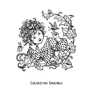 Image à colorier d'une petite fille entourée de plantes qui joue avec un papillon