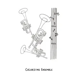Image à colorier de deux trompettes posées près d'une portée avec des notes de musique