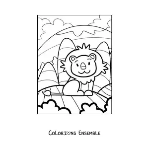 Image à colorier d'un lion de dessin animé assis dans un paysage naturel avec des montagnes