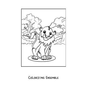 Image à colorier d'un adorable petit lion assis dans la savane