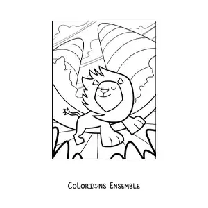 Image à colorier d'un lion de dessin animé qui marche, la crinière au vent, dans un paysage naturel