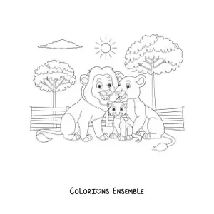 Image à colorier d'une famille de lions avec un lionceau qui sourit au zoo