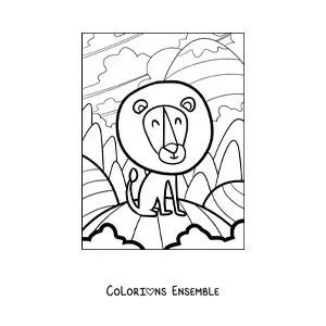 Image à colorier d'un lion de dessin animé heureux avec une grande crinière ronde dans son habitat