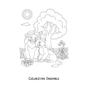 Image à colorier d'un couple de lions amoureux ensemble au zoo