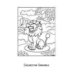 Image à colorier d'un lion féroce qui rugit dans son habitat