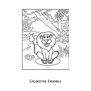 Image à colorier d'un lion souriant assis au milieu de la végétation de la jungle
