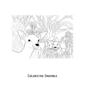 Image à colorier d'un couple de lions féroces chassant un cerf dans la jungle