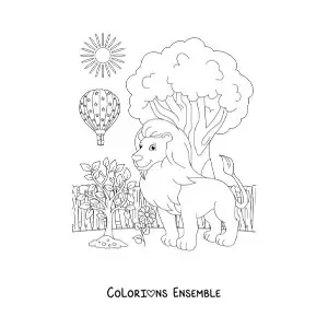 Image à colorier d'un paysage de zoo avec un grand lion et une montgolfière