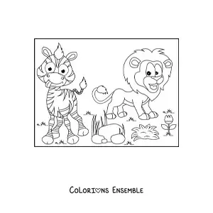 Image à colorier d'un dessin animé d'un lion et d'un zèbre rigolo