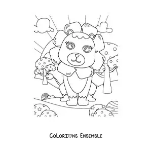 Image à colorier d'un lion kawaii assis dos au soleil, les yeux ouverts