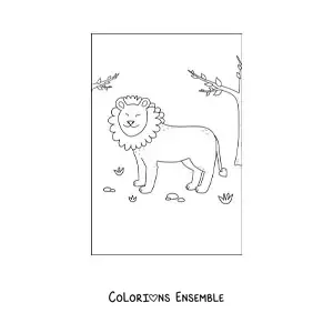 Image à colorier d'un lion tout mignon et souriant dans son habitat naturel