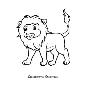 Image à colorier d'un lion de dessin animé debout sur ses quatre pattes