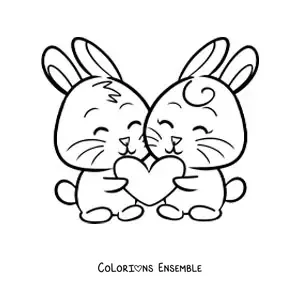Image à colorier d'un couple de petits lapins tenant ensemble un cœur
