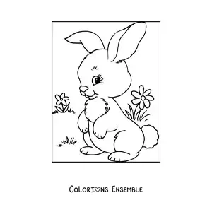 Image à colorier d'un mignon petit lapin dans une prairie fleurie