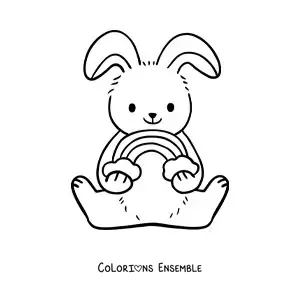 Image à colorier d'un mignon lapin assis tenant un arc-en-ciel
