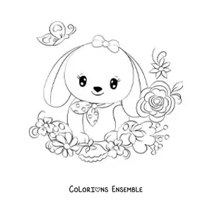 Image à colorier d'un lapin kawaii aux yeux brillants et aux oreilles tombantes entouré de fleurs