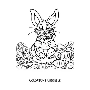 Image à colorier d'un lapin de dessin animé tenant des œufs de Pâques et entouré d'œufs de Pâques
