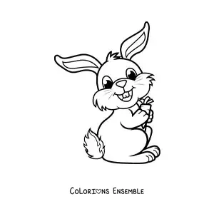 Image à colorier d'un lapin rigolo souriant tenant une carotte