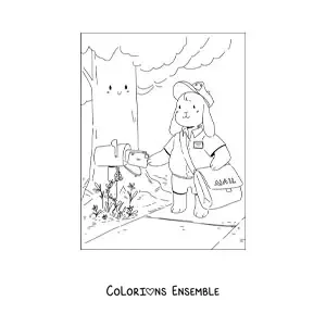 Image à colorier d'un lapin de dessin animé habillé en facteur déposant une lettre dans une boîte aux lettres