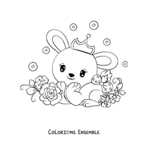 Image à colorier d'un lapin kawaii avec une couronne et un nœud sur la queue, entouré de fleurs