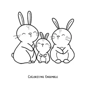 Image à colorier d'une famille de trois mignons lapins aux yeux fermés