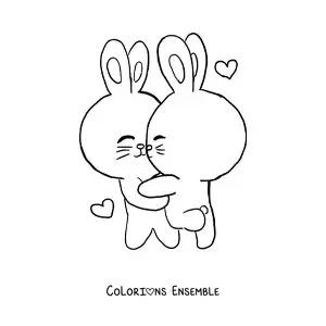 Image à colorier de deux mignons lapins qui se câlinent avec des cœurs flottant autour d'eux