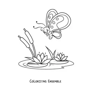 Image à colorier d'un papillon rigolo qui vole vers des nénuphars