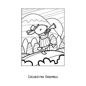 Image à colorier d'un lapin de dessin animé qui marche en jouant de la trompette