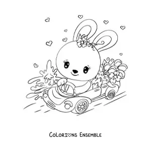 Image à colorier d'un lapin kawaii conduisant une voiture décorée de fleurs
