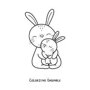 Image à colorier d'une mignonne maman lapine câlinant son petit