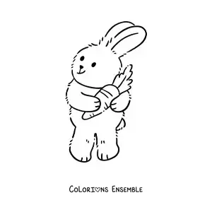 Image à colorier d'un grand lapin de dessin animé debout sur deux pattes serrant une carotte dans ses bras
