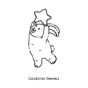 Image à colorier d'un lapin de dessin animé debout sur deux pattes tenant une étoile au-dessus de sa tête