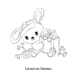 Image à colorier d'un lapin kawaii assis tenant un cadeau, entouré de fleurs