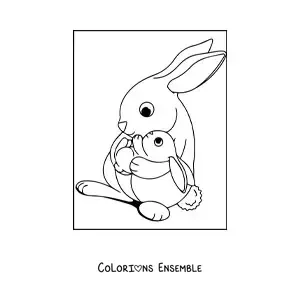 Image à colorier d'une maman lapine tenant un bébé lapin dans ses bras