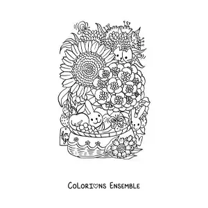 Image à colorier de deux petits lapins de dessin animé dans un panier de fleurs avec un chat