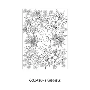 Image à colorier d'un petit lapin aux grands yeux entouré de fleurs