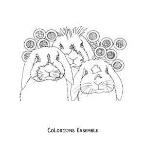 Image à colorier de trois lapins réalistes sur un fond de cercles à motifs